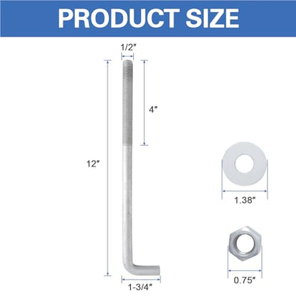 1/2” x 12” Concrete Anchor Bolts (25 Pack) L Shaped, Hot-Dip Galvanized - size: 1/2"x12" (25 PCS)