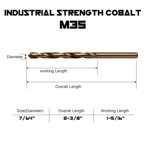 Narwhal 7/64 Inch Cobalt Drill Bits (13 Pack - Industrial Grade M35 Cobalt) 2-3/8" Length & 135 Degree Split Point for Drilling Into Metal, Hardened & Stainless Steel, Cast Iron, & More! - size: 7/64 in