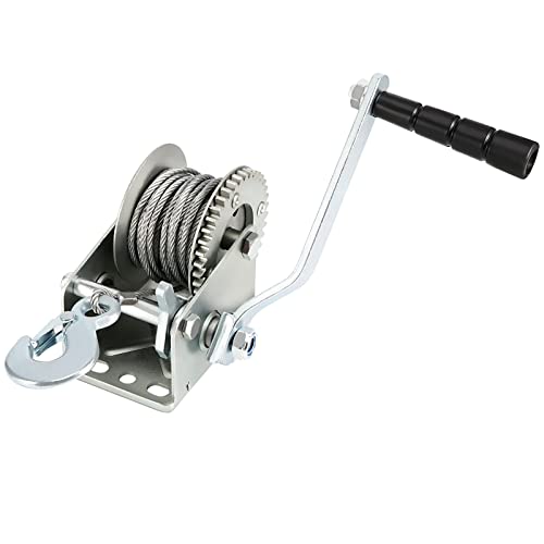 JOIKIT 1200lbs Heavy Duty Hand Winch, 10m 32.8 Feet Steel Cable Hand Crank Winch with Brake, Crank Gear Winch Boat Winch Two-Way Manual Ratchet Winches for ATV Boat Trailer Marine, Silver - size: 1200 LBS