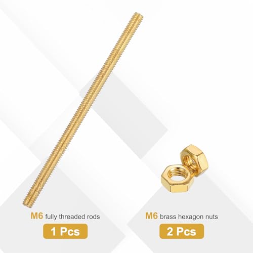 uxcell Brass Fully Threaded Rod, M6x1mm Pitch Right Hand Threads Studs with Solid Brass Hex Nuts, 120mm/5 Long Threaded Screw Rods Fasteners for Anchors Bolts Hangers Clamps - size: M6x1mmmm120mm