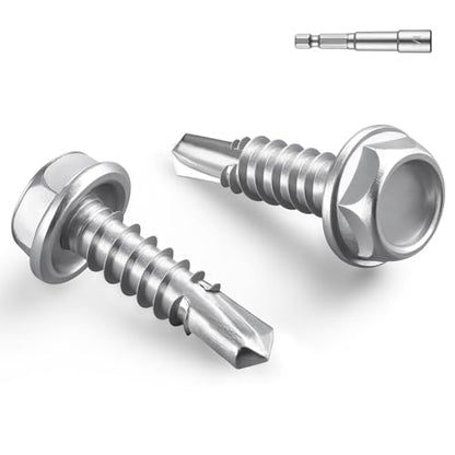 #6 x 1/2 Inch Self Drilling Screws, 145pcs 0.5 lbs Self Tapping Screws for Metal, 410 Stainless Steel Hex Washer Head Sheet Metal Screw - color: Silver 0.5lb Per Box, size: #6x1/2"