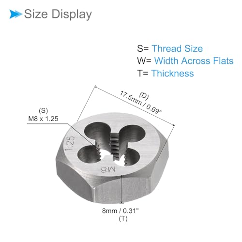 Hex Rethreading Die, M8 x 1.25 Pitch, Carbon Steel Cylindrical Pipe Threading Tool with 4 Chip Holes - (Applications: for Threading Repairing) - size: M8x1.25