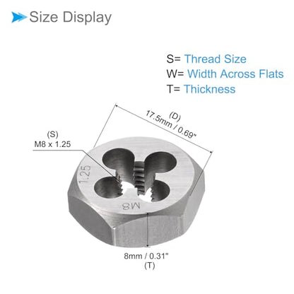 Hex Rethreading Die, M8 x 1.25 Pitch, Carbon Steel Cylindrical Pipe Threading Tool with 4 Chip Holes - (Applications: for Threading Repairing) - size: M8x1.25
