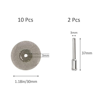 Diamond Cutting Wheel (1 3/16") 10pcs with 402 Mandrel (3mm) 2pcs and Screwdriver for Dremel Rotary Tools - size: 30mm