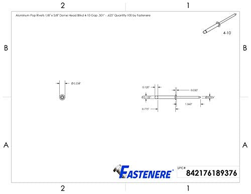 Fastenere Pop Rivets - 1/8" x 5/8" (100pcs) Heavy Duty, Open-End, Aluminum, Dome-Head Blind Rivets, Corrosion-Resistant, High Tensile & Shear Strength, 4-10 Gap 0.501"-0.625" - size: 1/8" x 5/8" (4-10) (100 Pack)