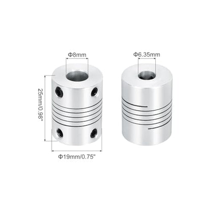 uxcell 2Pcs 6.35mm to 8mm Aluminum Alloy Shaft Coupling L25xD19 Flexible Coupler Beam for 3D Printer CNC Machine DIY Encoders and Motors Shaft,Silver - size: 6.35mm to 8mm
