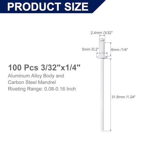 uxcell 100Pcs 3/32" x1/4" Aluminum Blind Rivets, Aluminum Grip and Steel Mandrel, Dome Head Long Split Rivets for Metal, Furniture, Automotive, White - color: White, size: 3/32"x1/4"