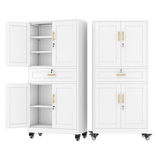 pozdeg 74" White Lockable Rolling Metal Garage Storage Cabinet - color: White, size: 15.74"D x 35.43"W x 74"H