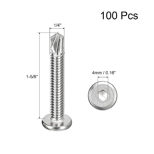 uxcell Hex Socket Self Tapping Screws, 1/4 x 1-5/8" 410 Stainless Steel Sheet Metal Flat Head Drilling Screw 100pcs, Silver - color: Silver, size: 1/4 x 1-5/8"