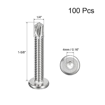 uxcell Hex Socket Self Tapping Screws, 1/4 x 1-5/8" 410 Stainless Steel Sheet Metal Flat Head Drilling Screw 100pcs, Silver - color: Silver, size: 1/4 x 1-5/8"