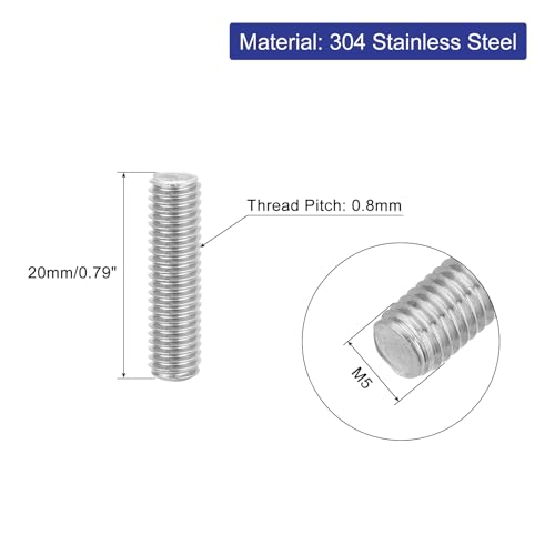 uxcell 16Pcs Fully Threaded Rod, M5 x 20mm 304 Stainless Steel Right Hand Thread Bar Studs M5-0.8 Thread Pitch for Furniture Machinery Assembly - size: M5 x 20mm