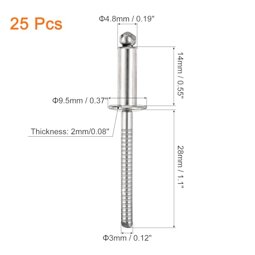 uxcell 25Pcs 3/16"x1/2" 304 Stainless Steel Dome-Head Blind Rivets, Open-End Type Blind Rivets for DIY, Sheet Metal, Automotive Repairs, Furniture, Boat, and Duct Work (Silver) - color: Silver, size: 3/16"x1/2"