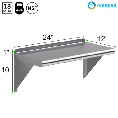 AmGood 12 in. Deep x 24 in. Wide Stainless Steel Wall Mount Shelf with Backsplash - Small Appliance & Tool Storage | NSF 18-Gauge 430, Holds 205 lbs | Bullnose Edge, Brackets Included - size: 12 in. x 24 in.