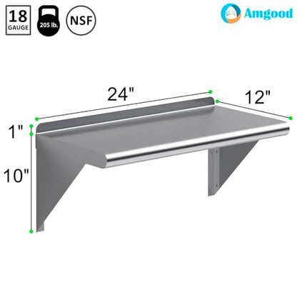 AmGood 12 in. Deep x 24 in. Wide Stainless Steel Wall Mount Shelf with Backsplash - Small Appliance & Tool Storage | NSF 18-Gauge 430, Holds 205 lbs | Bullnose Edge, Brackets Included - size: 12 in. x 24 in.