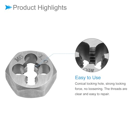 Hex Rethreading Die, M6 x 1 Pitch, Carbon Steel Cylindrical Pipe Threading Tool with 4 Chip Holes - (Applications: for Threading Repairing) - size: M6x1