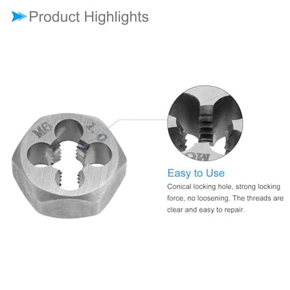 Hex Rethreading Die, M6 x 1 Pitch, Carbon Steel Cylindrical Pipe Threading Tool with 4 Chip Holes - (Applications: for Threading Repairing) - size: M6x1