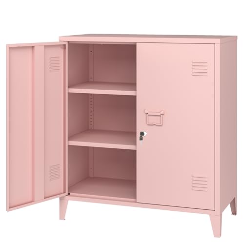 MIOCASA Metal Storage Cabinet with Locking Double Doors, Lockable Steel Cabinet with Adjustable Shelves for Home Office, Garage, Coffee Bar, Entryway - color: Pink