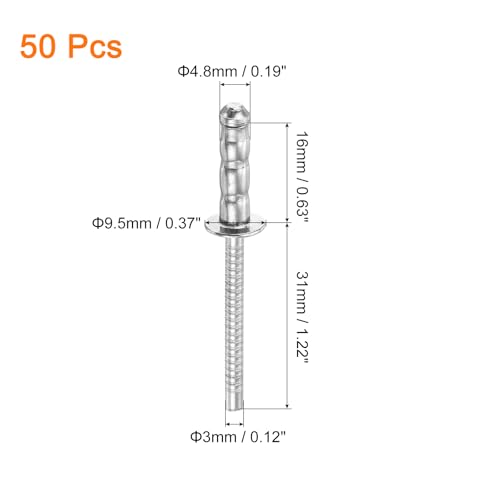 uxcell 50Pcs 3/16" x 5/8" 304 Stainless Steel Round Head Double-Drum Blind Rivets, Pull Nail Drum Type Blind Rivets for DIY, Sheet Metal, Automotive Repairs, Furniture, Boat (Silver) - size: 3/16" x 5/8"