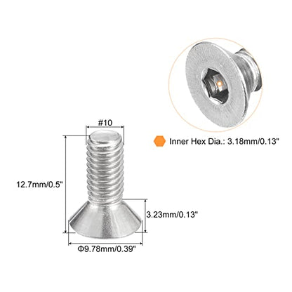uxcell #10-32x1/2 Flat Countersunk Head Socket Cap Screws, 50Pcs 304 Stainless Steel Hex Socket Flat Head Screws, Full Thread, Countersunk Bolts - size: #10-32x1/2"