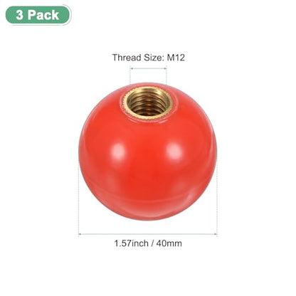 M METERXITY 3-Pack Threaded Ball Knobs, M12 Female Thread 40mm Dia. Thermoset Ball Knob for Lathe/Machine/Lawn Mowers, Round Phenolic Brass Insert Lever Handle [Red] - color: Red, size: M12x40mm