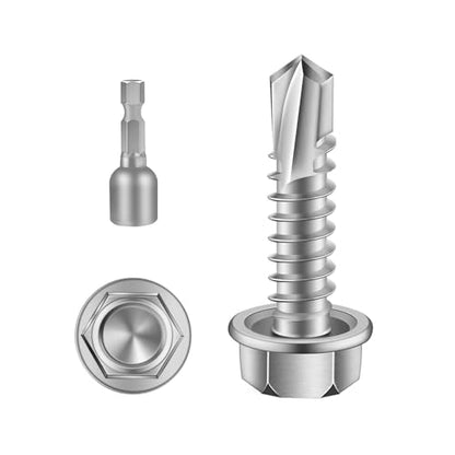 #10 x 3/4" Hex Washer Head Self Drilling Screws, Self Tapping Sheet Metal Screws, 410 Stainless Steel, 100 PCS - color: Silver, size: #10 x 3/4"
