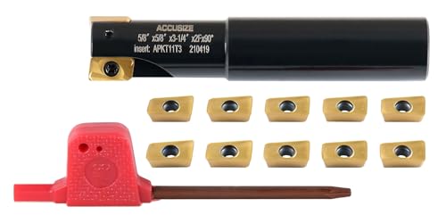 Accusize Industrial Tools 5/8" 90° Square Shoulder Indexable End Mill w/ 10 add'l APKT11T308 Inserts, 5/8" Shank, 3-1/4" OAL, 0.433" ap, 2 Flutes, APKT11T308, Carbide Inserts, 0056-0916+0056-1130 - size: 5/8" Cut, 5/8" Shk, 2 Fl, w/ 10 add'l inserts
