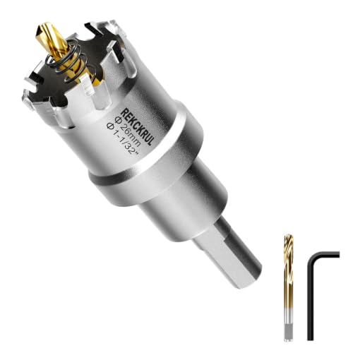 1-1/32" (26mm) TCT Carbide Hole Saw Kit for Metal - Heavy Duty Hole Cutter Drill Bits Set with 2 Titanium/Step Pilot Drill Bits & L-Wrench, Cuts Stainless Steel, Iron, Aluminum, Wood, Plastic - size: 26mm | 1-1/32 Inch