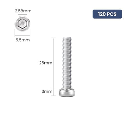 120pcs M3 x 25mm Hex Socket Head Cap Screws Bolts, 304 Stainless Steel 18-8, Allen Socket Drive,Bright Finish, Full Threads,with Hex Spanner - size: M3 x 25mm