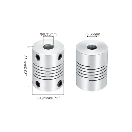 uxcell 2Pcs 6.35mm to 6.35mm Aluminum Alloy Shaft Coupling L25xD19 Flexible Coupler Beam for 3D Printer CNC Machine DIY Encoders and Motors Shaft,Silver - size: 6.35mm to 6.35mm