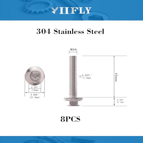 M10x1.5 x 45mm Flanged Hex Head Bolts, 304 Stainless Steel (A2-70), Bright Finish, Fully Threaded, Hexagon Head Flange Bolts, Quantity 8 - size: M10 x 45mm(8PCS)