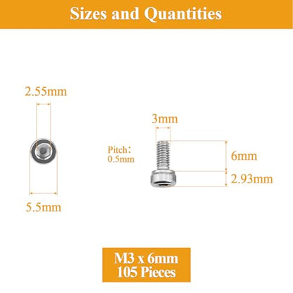 105 Pieces M3 x 6mm Socket Head Cap Screws, Thread Pitch 0.5mm, Sutemribor M3 Screws, 304 Stainless Steel, Fully Threaded, Silver - size: M3 x 6mm, style: Socket Head