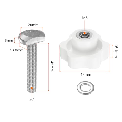 HARFINGTON 5Set T Track Bolts Knob Kit M8 x 45mm Threaded Bolts M8 x 48mm Hex Hand Nut Clamping Knob with Washer for Woodworking Jigs and Fixtures, White - color: White, size: M8 x 45mm/M8 x 48mm