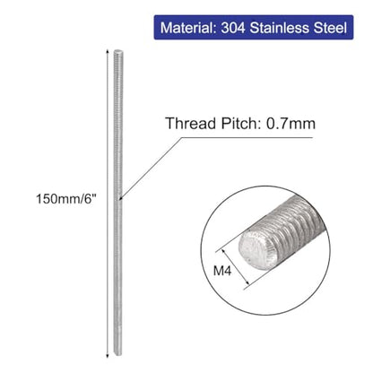uxcell M4 x 150mm 304 Stainless Steel Fully Threaded Rod Bar Studs Silver Tone 5 Pcs - size: M4 x 150mm