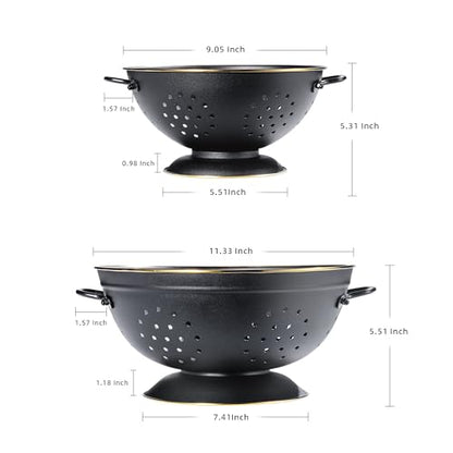 Metal Colander Set of 2, Strainer Basket with Handles perfect for Spaghetti, Pasta, Berry, Vegetable, Fruit, Solid Base Powder Coated Self-draining Kitchen Colander Bowel, 3.5 & 5 Qt, Matte Black - color: M-BLACK