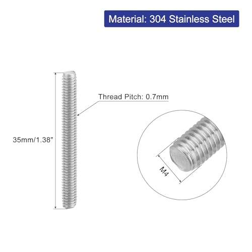 uxcell 8Pcs Fully Threaded Rod, M4 x 35mm 304 Stainless Steel Right Hand Thread Bar Studs M4-0.7 Thread Pitch for Furniture Machinery Assembly - size: M4 x 35mm