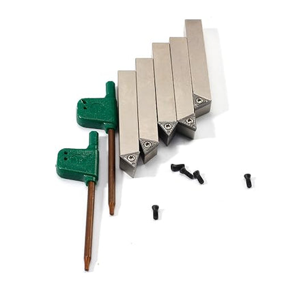Mini Indexable Lathe Turning Tool-3/8" Shank Nickel Plated 5 Pieces Carbide Turning Tool Set, Metal Lathe Cutting Tools with Carbide Inserts TCMT110204(TCMT21.51)