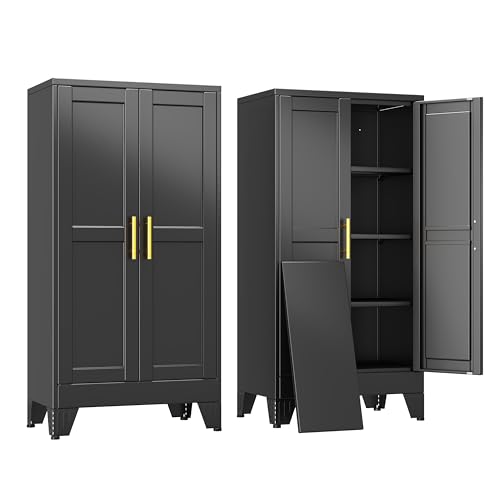 erosoei 47" H Metal Garage Storage Cabinet, Black Metal Pantry Cabinet with 2 Doors, Locker Steel Cabinet with 3 Adjustable Shelves, Freestanding Cupboard for Garage,Office,Home,Gym,School - color: Black, size: 47"-NCasNLck