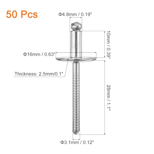 uxcell 50Pcs 3/16"x3/8" 304 Stainless Steel Large Flange Round Head Rivets, Large Cap Open End Blind Rivets for construction, automotive manufacturing, aerospace, shipbuilding (Silver) - size: 3/16"x3/8"
