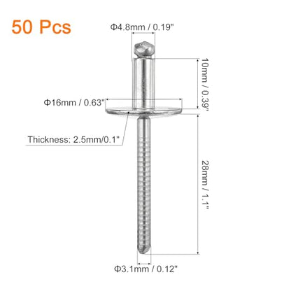 uxcell 50Pcs 3/16"x3/8" 304 Stainless Steel Large Flange Round Head Rivets, Large Cap Open End Blind Rivets for construction, automotive manufacturing, aerospace, shipbuilding (Silver) - size: 3/16"x3/8"