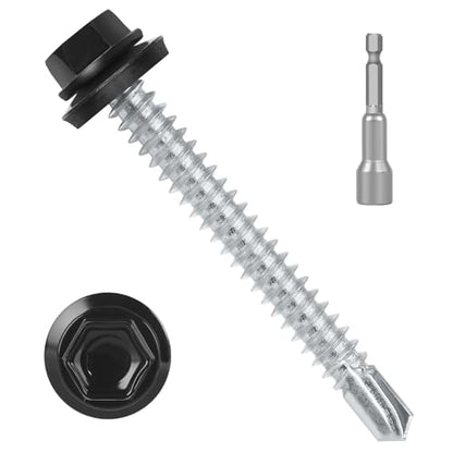 #12 x 2-1/2" (50 PCS) Black Metal Roofing Screws with Rubber Washer, Hex Head Self Tapping Screws for Metal, Self Drilling Sheet Metal Screw - size: #12 x 2-1/2"
