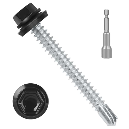 #12 x 2-1/2" (50 PCS) Black Metal Roofing Screws with Rubber Washer, Hex Head Self Tapping Screws for Metal, Self Drilling Sheet Metal Screw - size: #12 x 2-1/2"