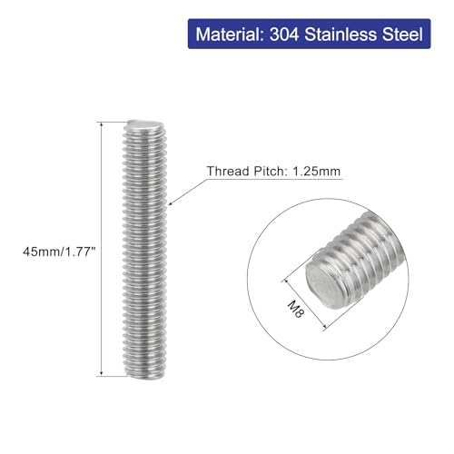 uxcell 8Pcs Fully Threaded Rod, M8 x 45mm 304 Stainless Steel Right Hand Thread Bar Studs M8-1.25 Thread Pitch for Furniture Machinery Assembly - size: M8 x 45mm