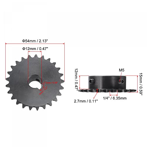 uxcell 25 Tooth Roller Sprocket, #25 Chain Single Strand 1/4" Pitch, 12mm Bore Black Oxide C45 Carbon Steel, 5x2.3mm Keyway with Set Screws for ISO 04C - size: 12mm