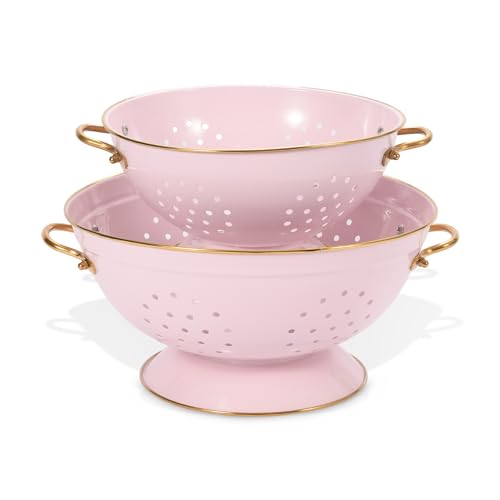 Metal Colander Set of 2, Strainer Basket with Handles 3.5 & 5 Qt Powder Coated Self-draining Solid Ring Base Metal Large Kitchen Colander Bowel for Pasta Vegetable Fruit (PINK) - color: M-PINK