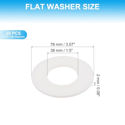 PATIKIL 20 Pcs PTFE Flat Washers 1.5" ID 3.07" OD 0.12" Thickness Sealing Spacer Flange Gasket for Machines Pipe Valves Oil Gas Industries, White (38x78x3mm) - size: 1.5" x 3.07" x 0.12"