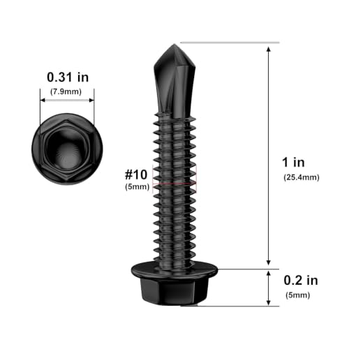 Wensilon (250Pcs)#10×1" Black Hex Washer Head Self Drilling Screws, 410 Stainless Steel Metal SheetScrews，TEK Screws, Sheet Metal Self Tapping Screws - color: Black, size: #10x1"