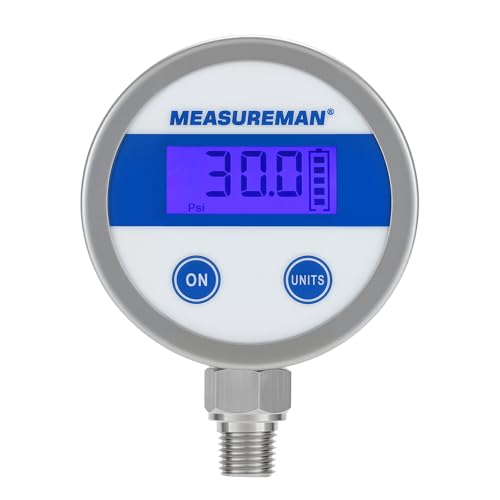 MEASUREMAN Economy Digital Pressure Gauge 2.5" Blue Backlit LCD, 0-30 PSI All Stainless Steel Case 1/4" NPT Connection 1% Accuracy - size: 0-30psi