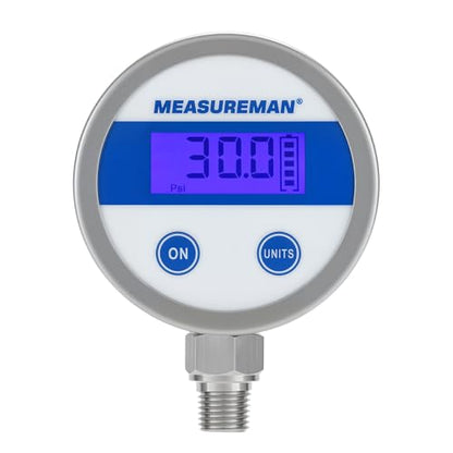 MEASUREMAN Economy Digital Pressure Gauge 2.5" Blue Backlit LCD, 0-30 PSI All Stainless Steel Case 1/4" NPT Connection 1% Accuracy - size: 0-30psi
