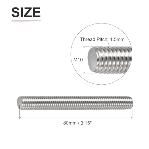DTGN M10x1.5x80mm(DxPxL) Fully Threaded Rod - 5Pack - Good for Machinery - 304 Stainless Steel Right Hand Thread Rods Bar Studs - Silver - size: M10x1.5x80mm