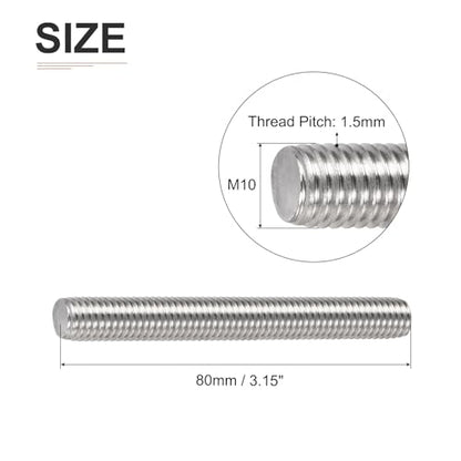DTGN M10x1.5x80mm(DxPxL) Fully Threaded Rod - 5Pack - Good for Machinery - 304 Stainless Steel Right Hand Thread Rods Bar Studs - Silver - size: M10x1.5x80mm